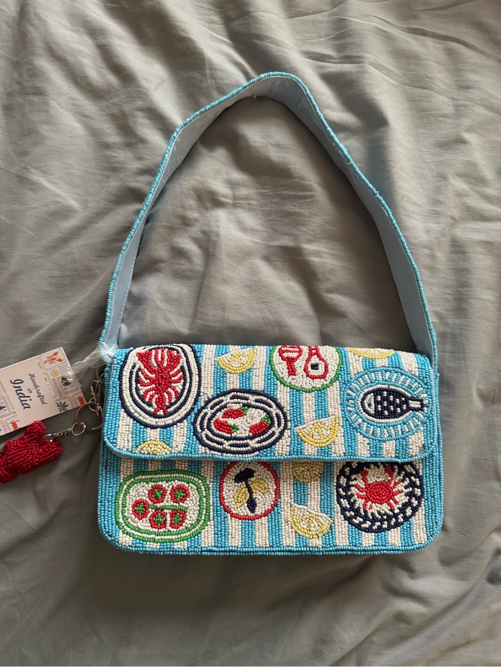 Beaded Shoulder Bag with Sea Food Motifs Handmade in India New with Tags - Picture 2 of 16